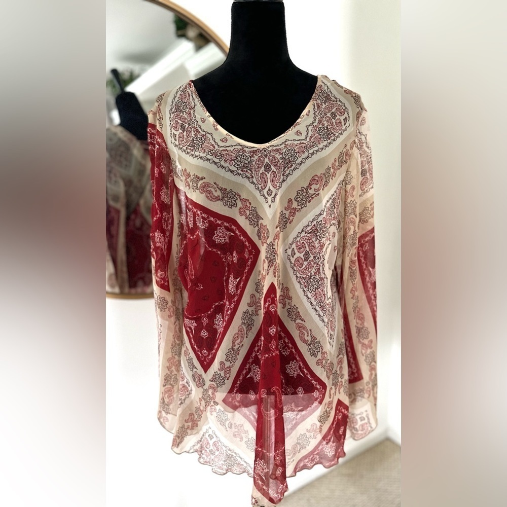 Nancy K Vintage Deep Red & Cream Sheer Boho Flare Sleeve Tunic Top XL